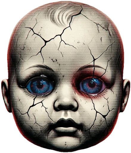 Cracked porcelain doll head on a broken CRT screen